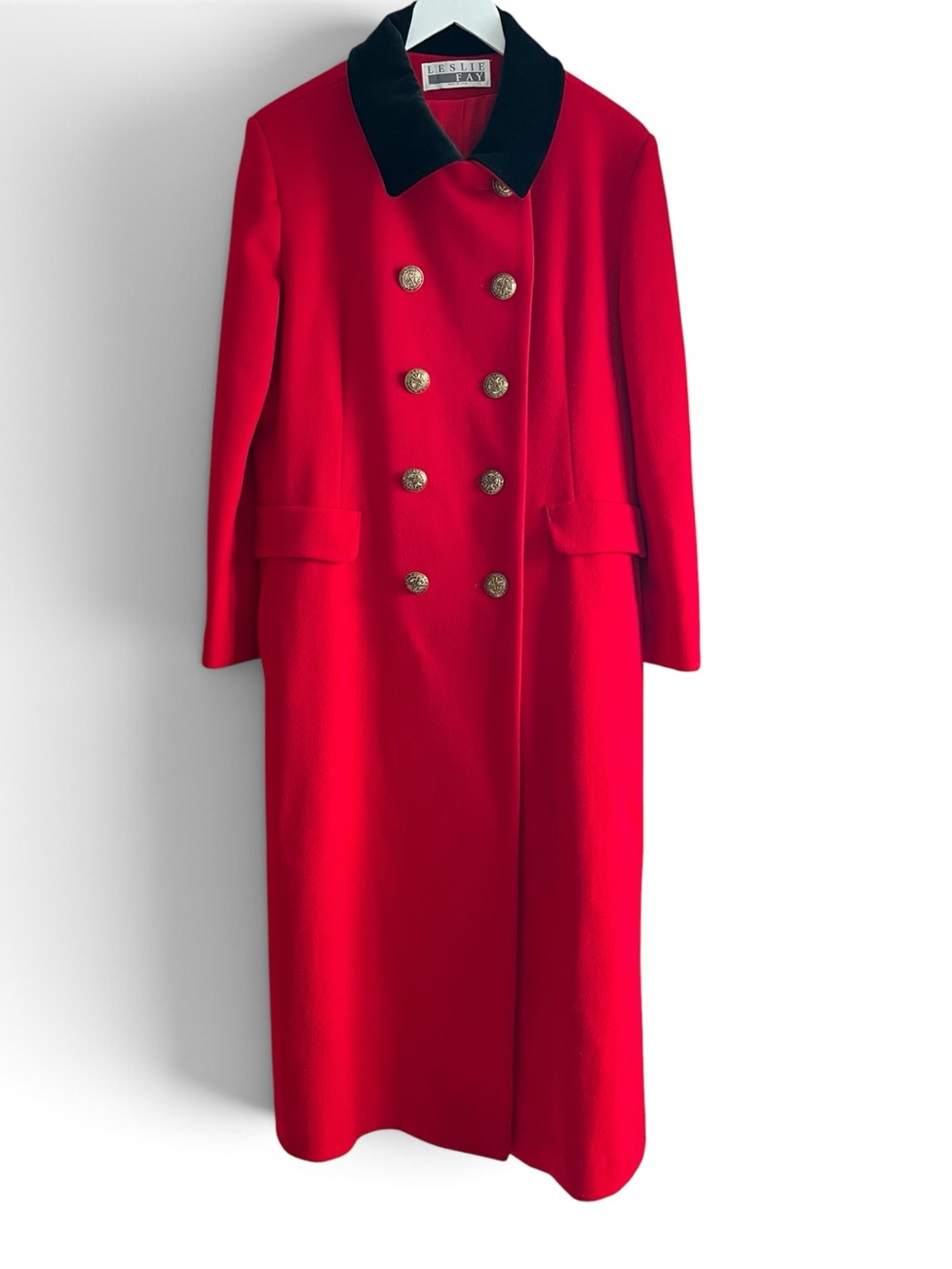 VTG Leslie Fay Red Double-Breasted Wool Coat with Black Collar, Size 14